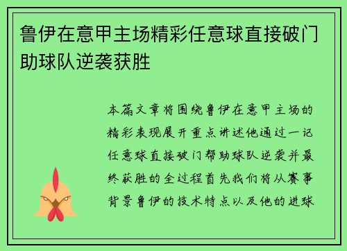 鲁伊在意甲主场精彩任意球直接破门助球队逆袭获胜