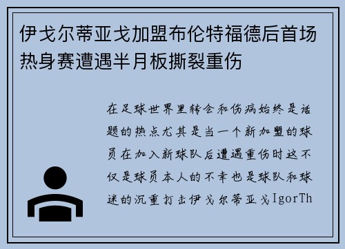 伊戈尔蒂亚戈加盟布伦特福德后首场热身赛遭遇半月板撕裂重伤