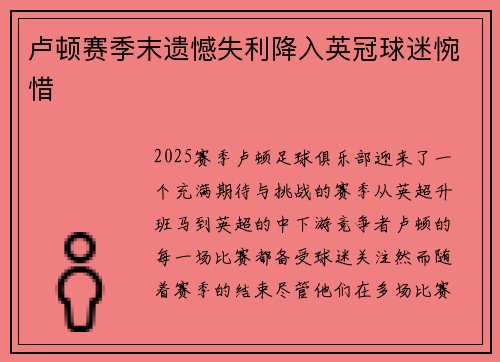 卢顿赛季末遗憾失利降入英冠球迷惋惜